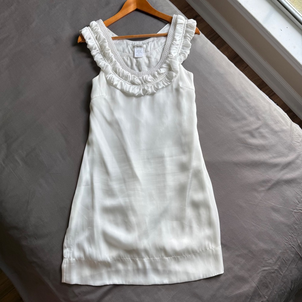 Esley White Ruffle Pearl Trim Sleeveless Satin Shift Dress Medium Wedding Bridal